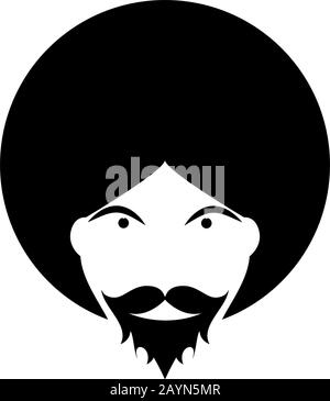 Round vector sign, hippie boy with long hair and beard Stock Vector