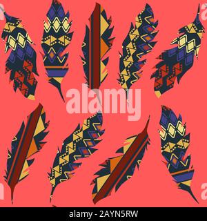Feather seamless pattern. It is located in swatch menu, vector image. Colorful texture for design surfaces. Stock Vector