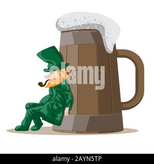 A leprechaun pushes a giant wooden beer mug against a white isolated background. Vector image Stock Vector