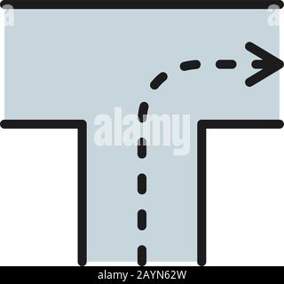 Road with direction, intersection, turn right flat color line icon. Stock Vector