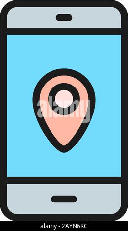 Smartphone with destination mark, gps navigations flat color line icon. Stock Vector
