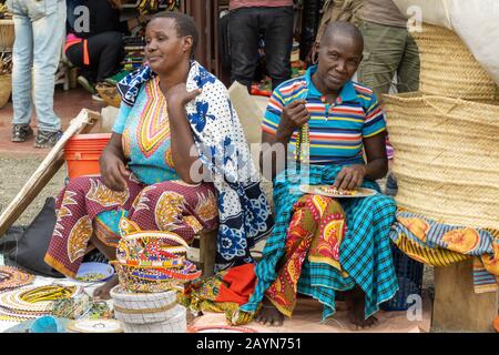 ARUSHA, TANZANIA - AUGUST 16, 2017: people at the central market of Arusha with masai handicrafts for sale Stock Photo