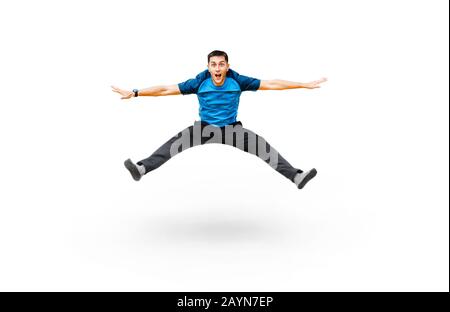 Funny man jumping in sportswear isolated on white Stock Photo