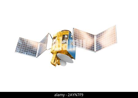 Satellite with solar panels isolated on white, internet communication and space systems concept Stock Photo