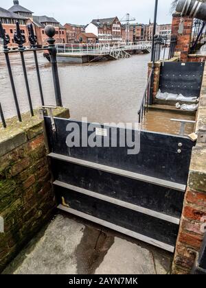 Flooding in York, UK due to storm Dennis,  Flood gates in use on the River Ouse. 16th February 2020. Stock Photo