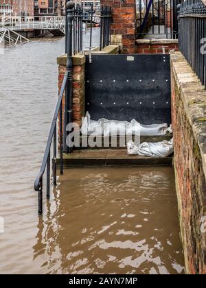 Flooding in York, UK due to storm Dennis,  Flood gates in use on the River Ouse. 16th February 2020. Stock Photo