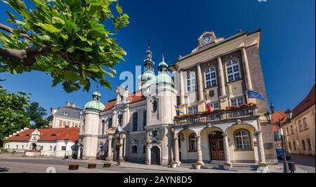 Ratusz (Town Hall) and Evangelical Church at Rynek in Pszczyna, Silesia, Poland Stock Photo