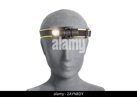Mannequin with Head lamp flashlight with light beam isolated on white Stock Photo