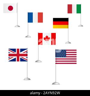 Flags of the countries of the Big Seven, isolated on white background, vector illustration. Stock Vector