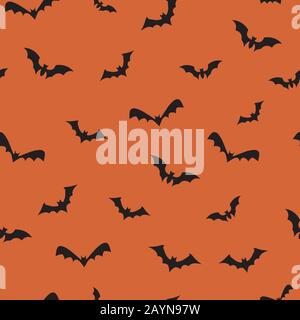 Bats seamless repeat pattern for october holidays on orange background. Vector illustration. Stock Vector