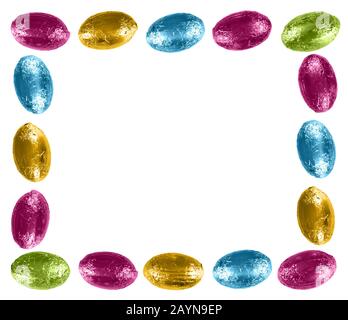 Easter egg rectangle, frame, isolated on white. Bright colourful chocolate, foil wrapped. Stock Photo