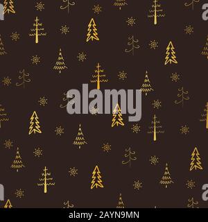 Christmas tree and snowflake vector seamless, repeat pattern. Gold trees and snowflakes on brown background. Doodle trees, hand drawn illustration for Stock Vector