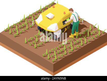 Vector isometric agricultural robot EV working in crop field Stock Vector