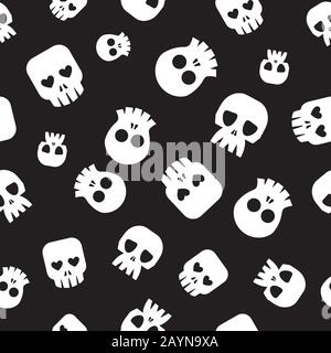 Seamless halloween pattern. Human skeletons. Different skulls. Death´s headson black background. Vector. Stock Vector