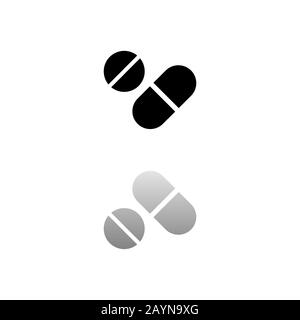 Pills. Black symbol on white background. Simple illustration. Flat Vector Icon. Mirror Reflection Shadow. Can be used in logo, web, mobile and UI UX p Stock Vector