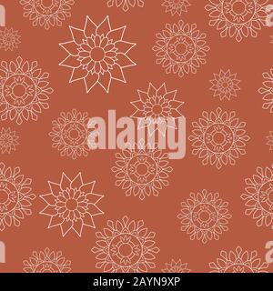 Seamless repeat pattern, eastern style. White floral mandalas on orange background. Oriental decorative motifs perfect for printing on fabric or paper. Stock Vector