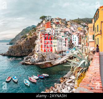 Panoramic view of Riomaggiore fishing town in Cinque terre nature park. Travel and vacation destination in Italy and Europe Stock Photo