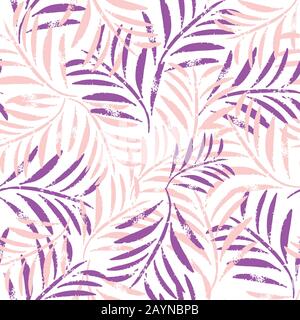 Seamless hand drawn tropic exotic vector pattern. Leaves with texture in lila and pink. Good for wallpaper, wrapping, textile design and backgrounds. Stock Vector