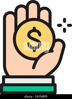 Coin in hand, money donation, charity, volunteering flat color line icon. Stock Vector