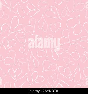Little cute doodle white hearts painted in dotted lines on pink background. Seamless repeat pattern, perfect for valentine´s day invitation and cards. Stock Vector