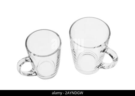 Two empty glass mugs isolated on white background. Stock Photo