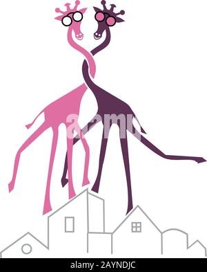 Two giraffes dance and have fun on the rooftops Stock Vector