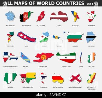 All maps of world countries and flags . Set 5 of 10 . Collection of outline shape of international country map with shadow . Flat design . Vector . Stock Vector