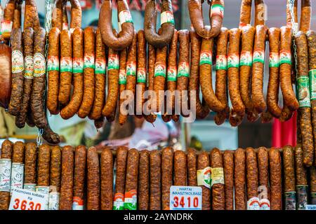 Selection of traditional Hungarian sausages at a stall in Central Market Hall (Nagyvásárcsarnok), Budapest, Hungary Stock Photo