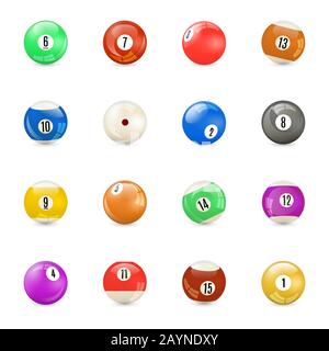 Set of 3D glossy balls for pool games, isolated on white background, vector illustration. Stock Vector