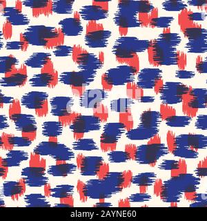 Overlay Red and Blue Abstract Hand-Drawn Ikat Spots Animal Skin Vector Seamless Pattern. Organic Fragments Texture Stock Vector