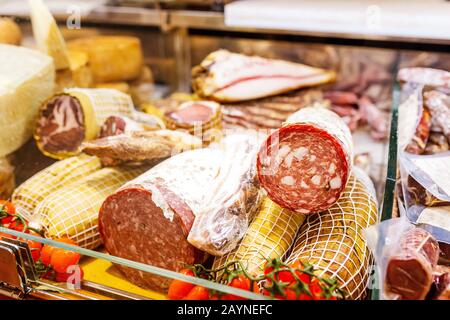 Smoked sausage for sale in italian market Stock Photo