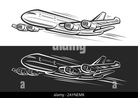 Vector logo for Flying Plane, horizontal banners with outline illustration of will land high speed plane with 4 turbines on black and white background Stock Vector