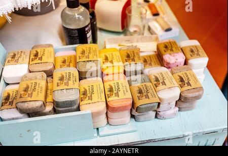 17 OCTOBER 2018, PIENZA, ITALY: Handmade aroma soap as souvenirs for sale in local market