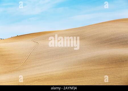 Typical landscape of rural Tuscany plowed fields in autumn. Harvest and travel concept