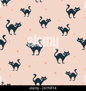 Grey cats and stars halloween orange seamless repeat pattern.October holidays print. Vector. Stock Vector