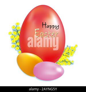 Happy Easter. Easter egg .Mimosa Flowers. Isolated white Vector Stock Vector
