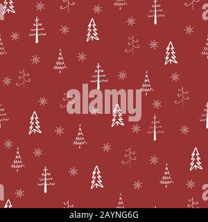 Christmas tree and snowflake vector seamless, repeat pattern. White trees and snowflakes on red background. Doodle trees, hand drawn illustration. Stock Vector