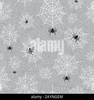 Hanging spider and cobweb halloween seamless pattern. Creepy background repeat pattern for october holidays. Vector illustration. Stock Vector