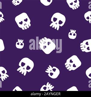 Seamless halloween pattern. Human skeletons. Different white skulls. Death´s headson purple background. Vector. Stock Vector