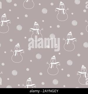 Happy white snowman on beige, brown background. Christmas, winter seamless repeat pattern. Perfect for christmas wrapping and backgrounds. Stock Vector
