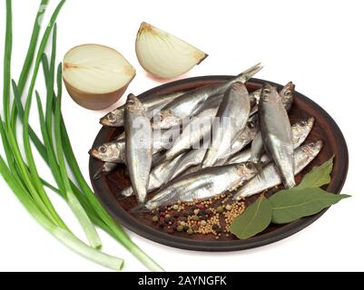 Sprat spicy salting in a plate, onions and green onions Stock Photo