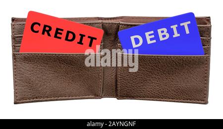Credit and debit cards in a brown leather men's wallet on an isolated white background with a clipping path Stock Photo