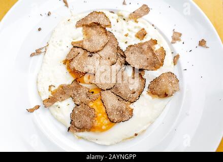 Fried eggs with truffle chips on a plate, italian cuisine and fine dining concept Stock Photo