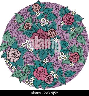 vector circle floral pattern with roses and leaves Stock Vector