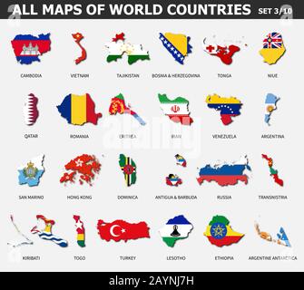 All maps of world countries and flags . Set 3 of 10 . Collection of outline shape of international country map with shadow . Flat design . Vector . Stock Vector