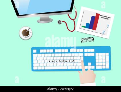 Viral epidemic concept vector showing keyboard with inscription EPIDEMIC, graph of viral infection incidences and medical equipment lying on the table Stock Vector