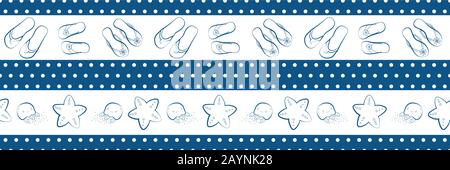 Flip flop shoe seamless vector patttern border. Hand drawn outline style wide stripes and polka dots. Featuring jellyfish and starfish. White and navy Stock Vector