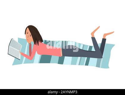 Vector cartoon illustration with a pretty woman reading a book while lying on her stomach. Sketch style character Stock Vector