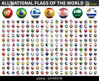 All national flags of the world . 3D Soccer ball or football design . Vector . Stock Vector