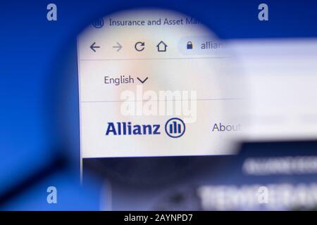 Saint-Petersburg, Russia - 18 February 2020: Allianz company website page logo on laptop display. Screen with icon, Illustrative Editorial Stock Photo
